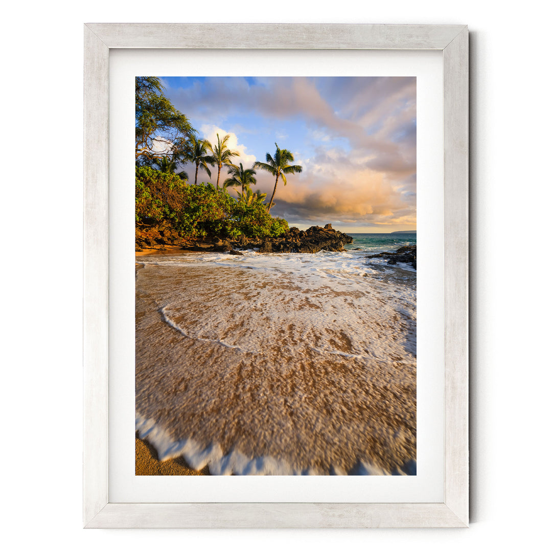 A framed photograph depicting a tropical beach scene with palm trees, a rocky shoreline, and crashing waves.