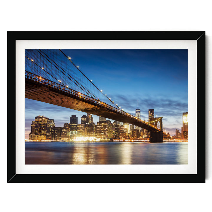 Brooklyn Bridge at Night, New York City – fine art print in a black frame with white mat