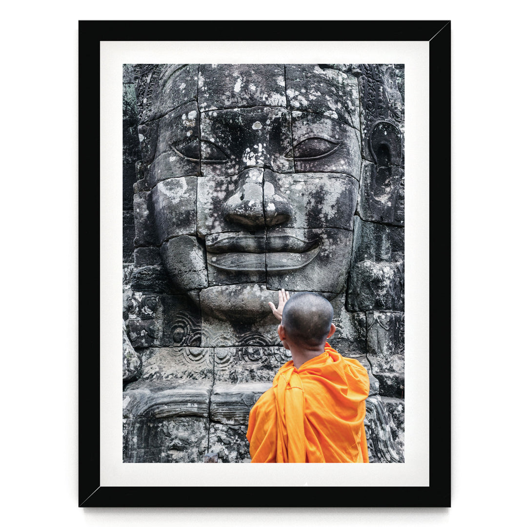 Monk at Bayon Temple, Angkor, Cambodia – fine art print in a black frame with white mat
