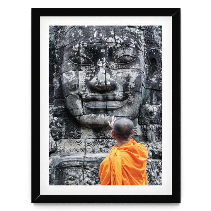 Monk at Bayon Temple, Angkor, Cambodia – fine art print in a black frame with white mat