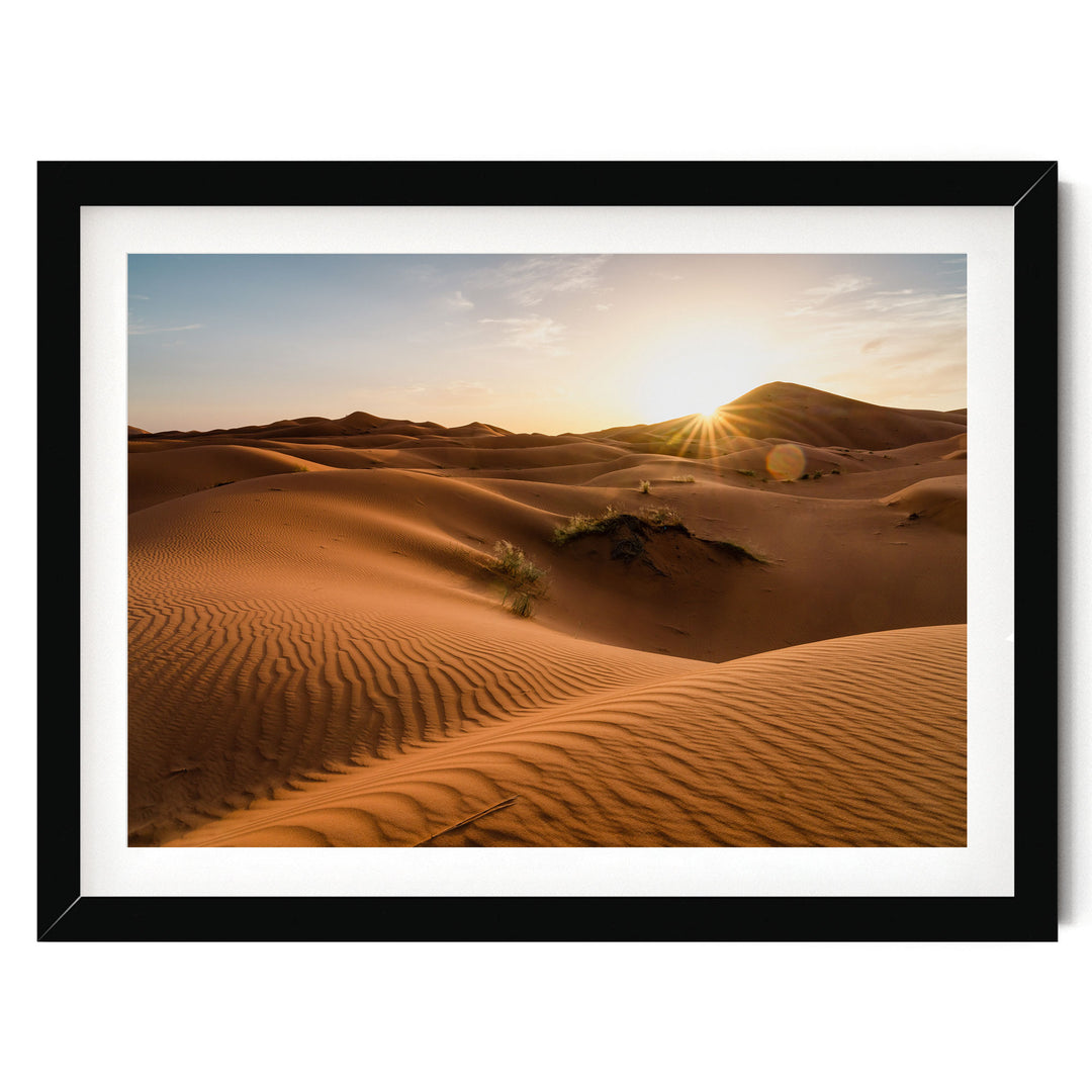 Sunset in the Sahara, Erg Chebbi, Morocco – fine art print in a black frame with white mat