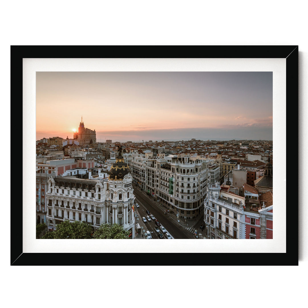 Sunset over Madrid, Spain – fine art print in a black frame with white mat