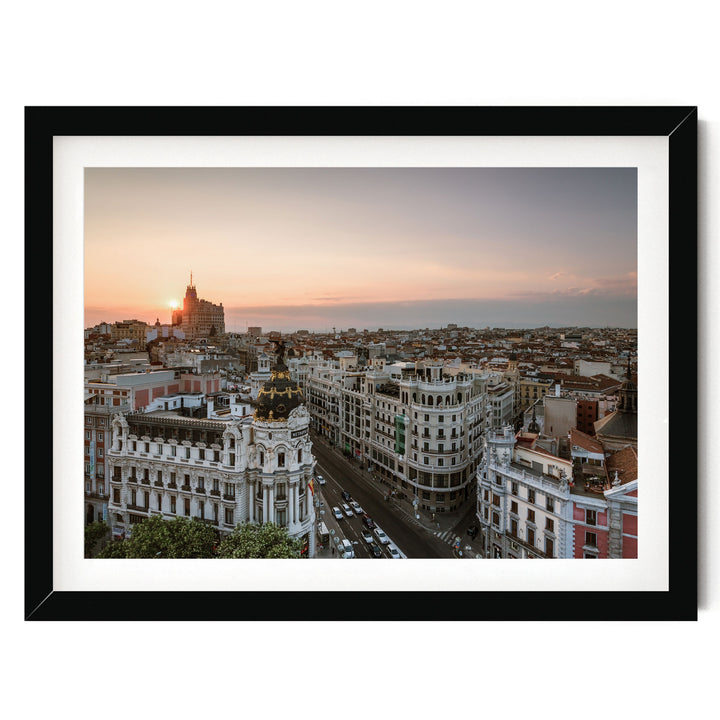 Sunset over Madrid, Spain – fine art print in a black frame with white mat