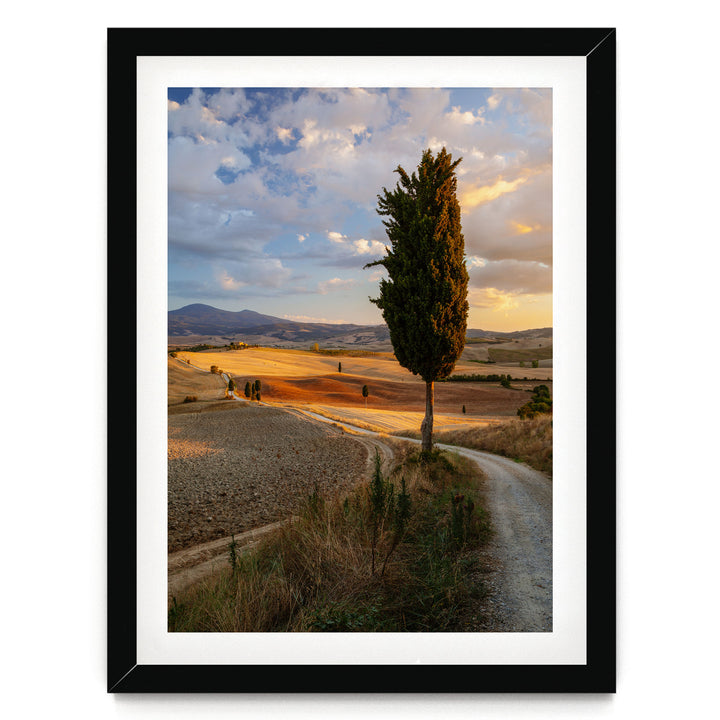 Tuscany at Sunset, Italy – fine art print in a black frame with white mat