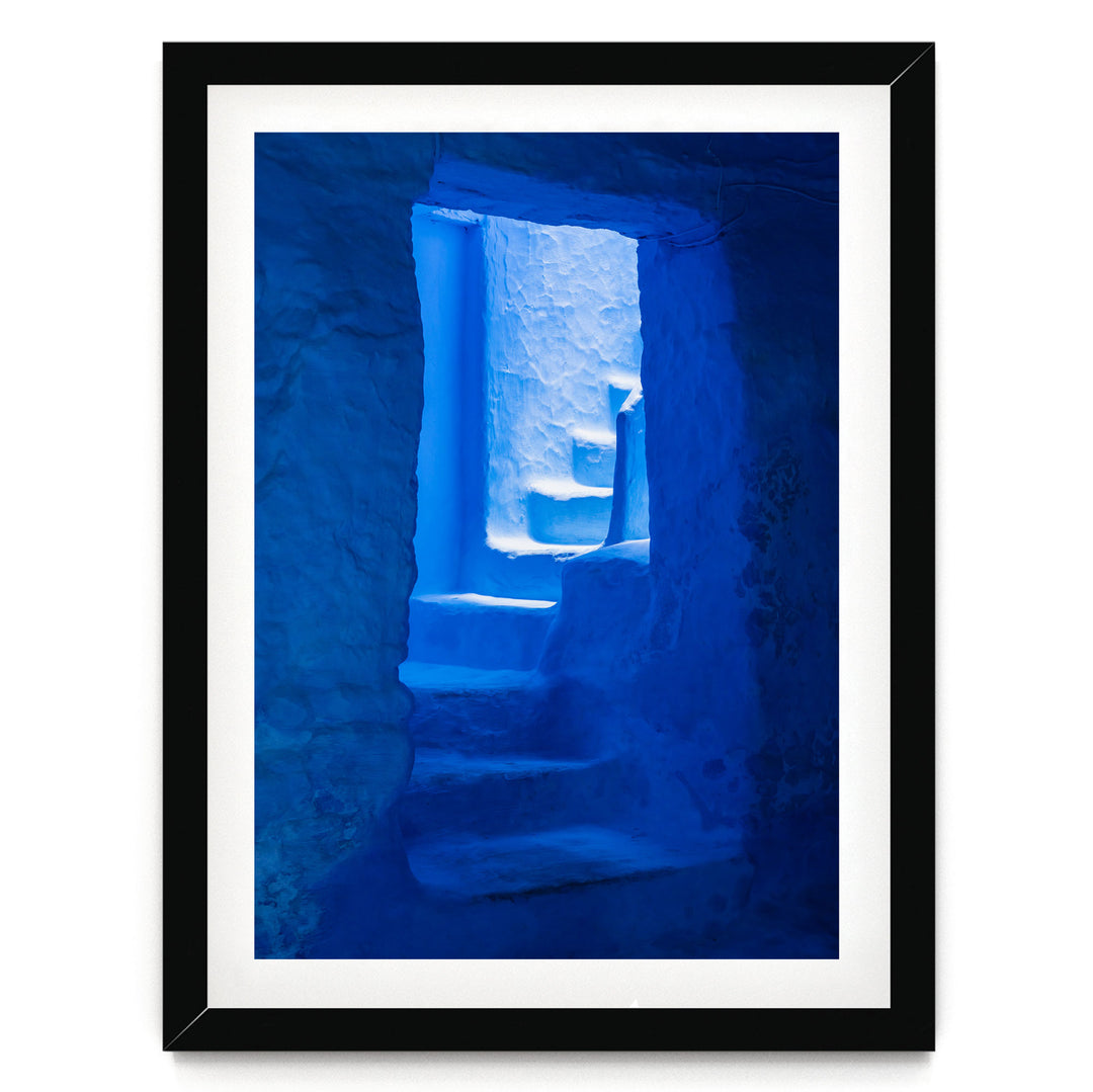 Blue Staircase, Chefchaouen, Morocco – fine art print in a black frame with white mat