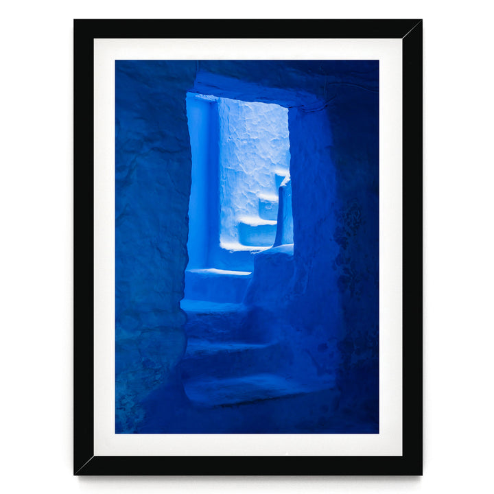 Blue Staircase, Chefchaouen, Morocco – fine art print in a black frame with white mat