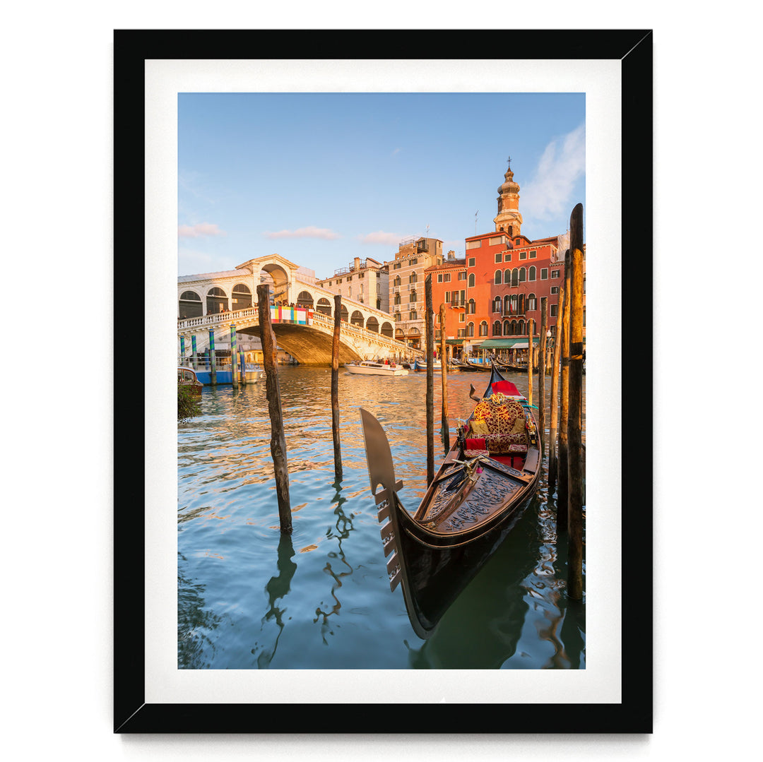 Gondola at the Rialto, Venice, Italy – fine art print in a black frame with white mat