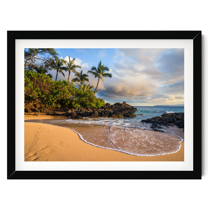 Maui Secret Beach at Sunset, Makena Cove, Hawaii – fine art print in a black frame with white mat