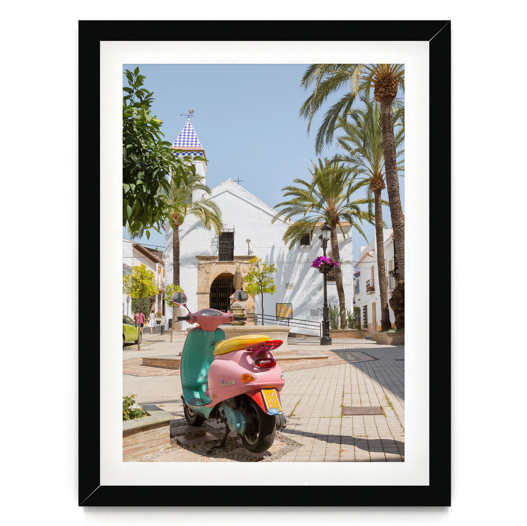 Colourful Vespa, Marbella, Spain – fine art print in a black frame with white mat