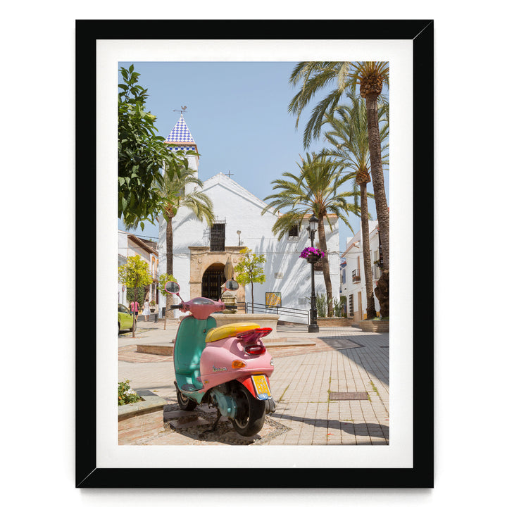 Colourful Vespa, Marbella, Spain – fine art print in a black frame with white mat