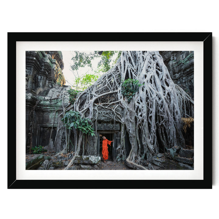 Monk at Ta Prohm, Angkor, Cambodia – fine art print in a black frame with white mat