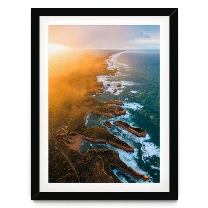 Shipwreck Coast Aerial, Great Ocean Road, Australia – fine art print in a black frame with white mat