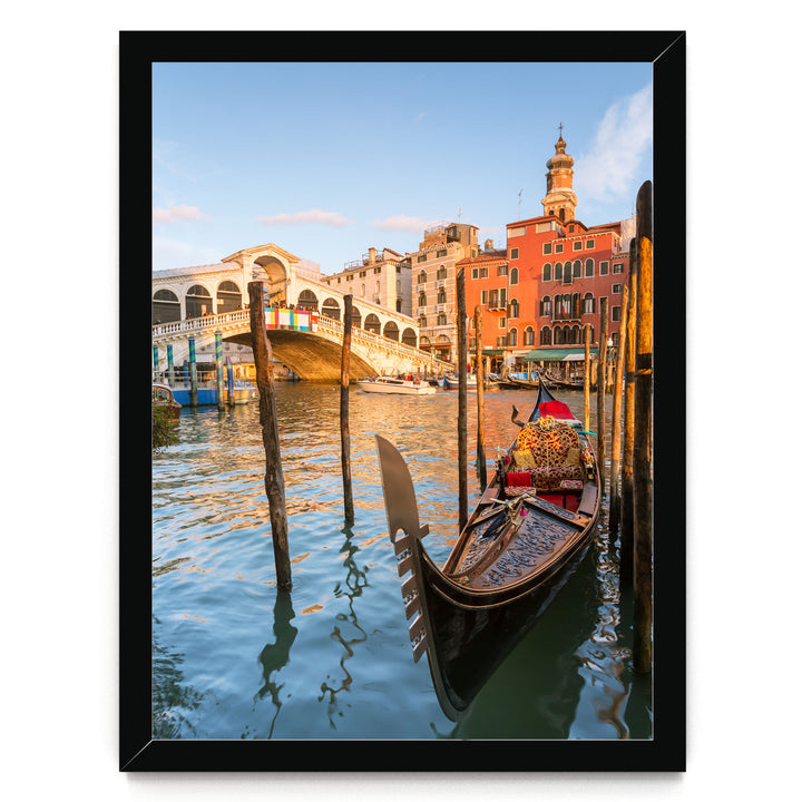 Gondola at the Rialto, Venice, Italy – fine art print in a black frame, no mat