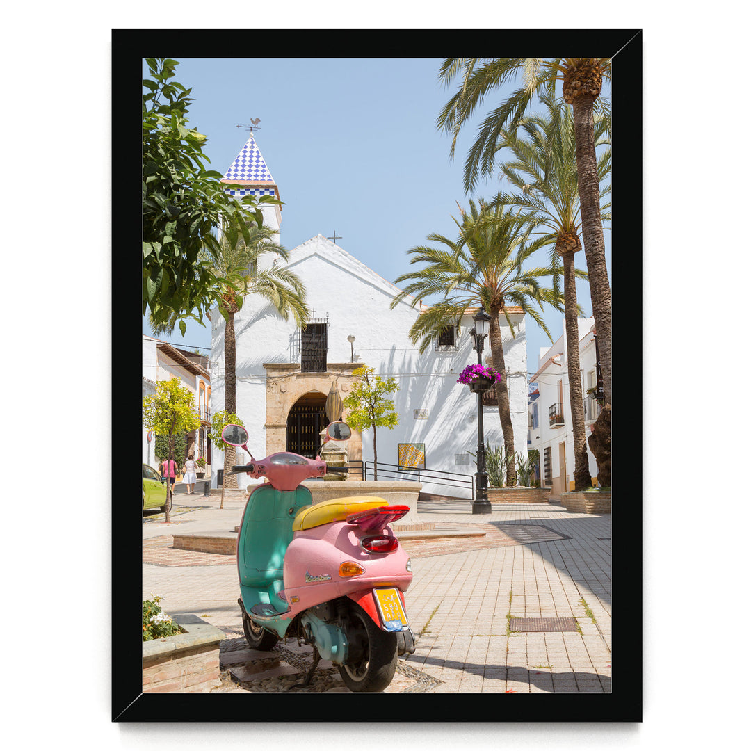 Colourful Vespa, Marbella, Spain – fine art print in a black frame, no mat