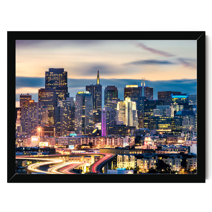 San Francisco Skyline at Night, California – fine art print in a black frame, no mat