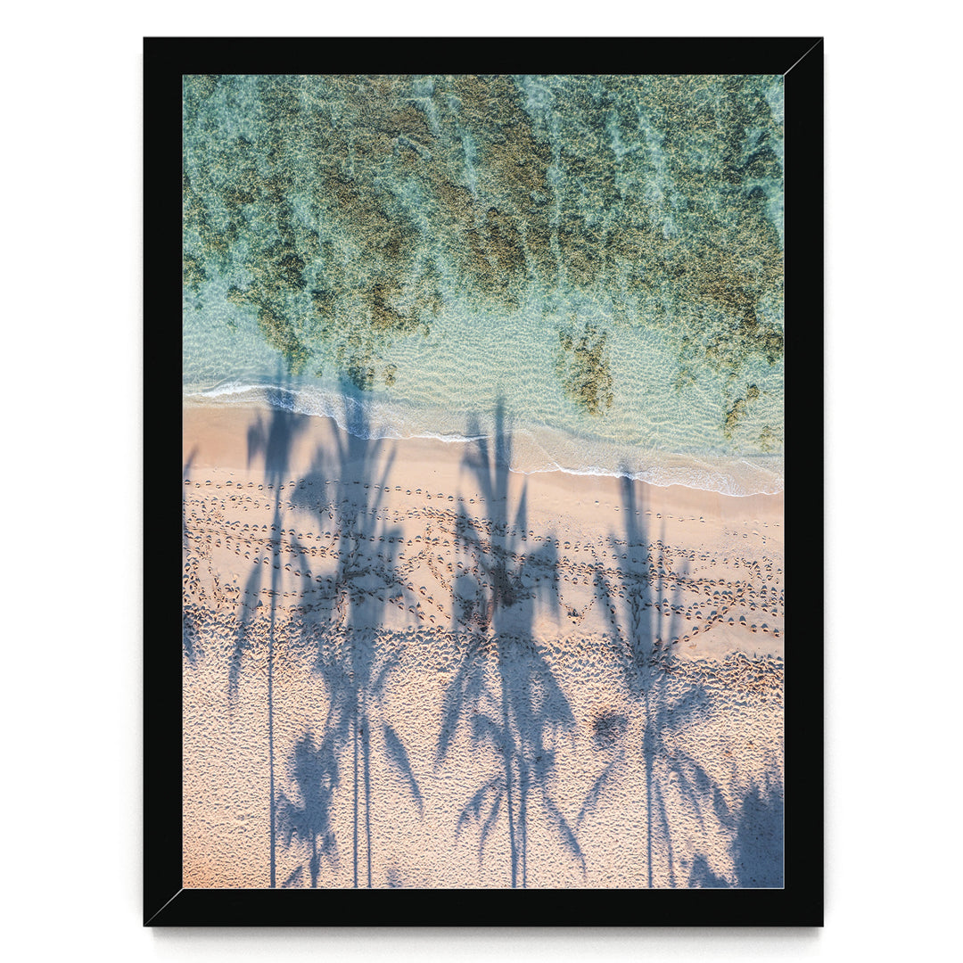 Palm Trees and Beach, Waikiki, Hawaii – fine art print in a black frame, no mat