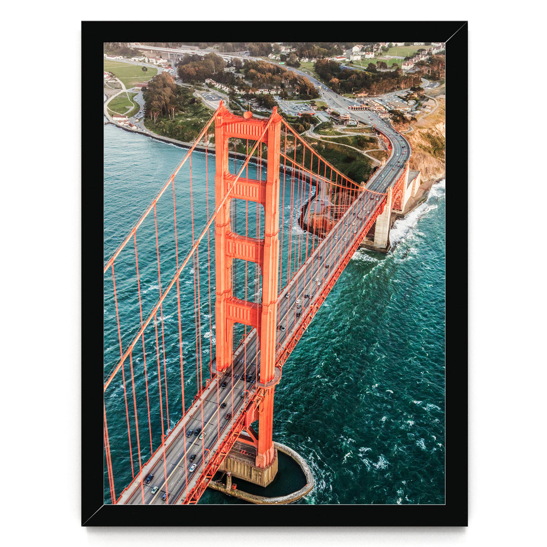 Flying over the Golden Gate Bridge I, San Francisco – fine art print in a black frame, no mat