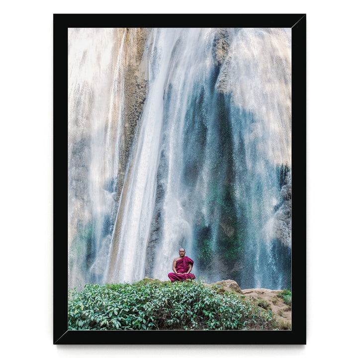 Meditation under the Waterfall, Myanmar – fine art print in a black frame, no mat