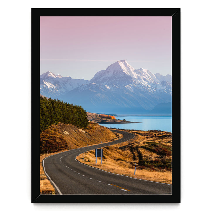 The Road to Mount Cook, New Zealand – fine art print in a black frame, no mat