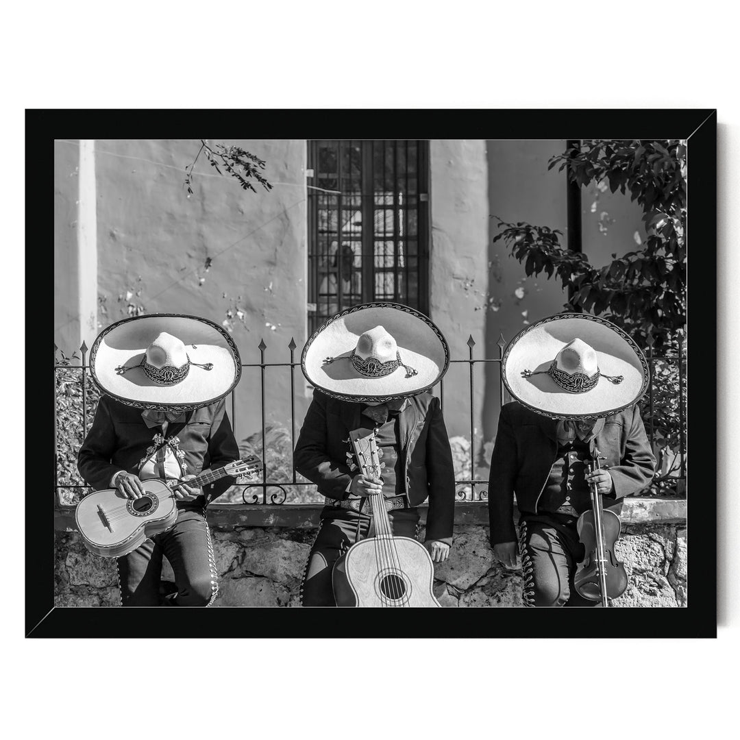 Mariachis Siesta, Yucatan, Mexico – B&amp;W – fine art print in a black frame, no mat