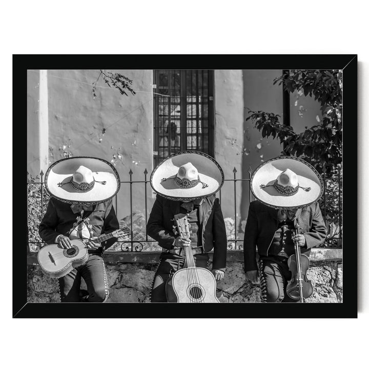 Mariachis Siesta, Yucatan, Mexico – B&amp;W – fine art print in a black frame, no mat