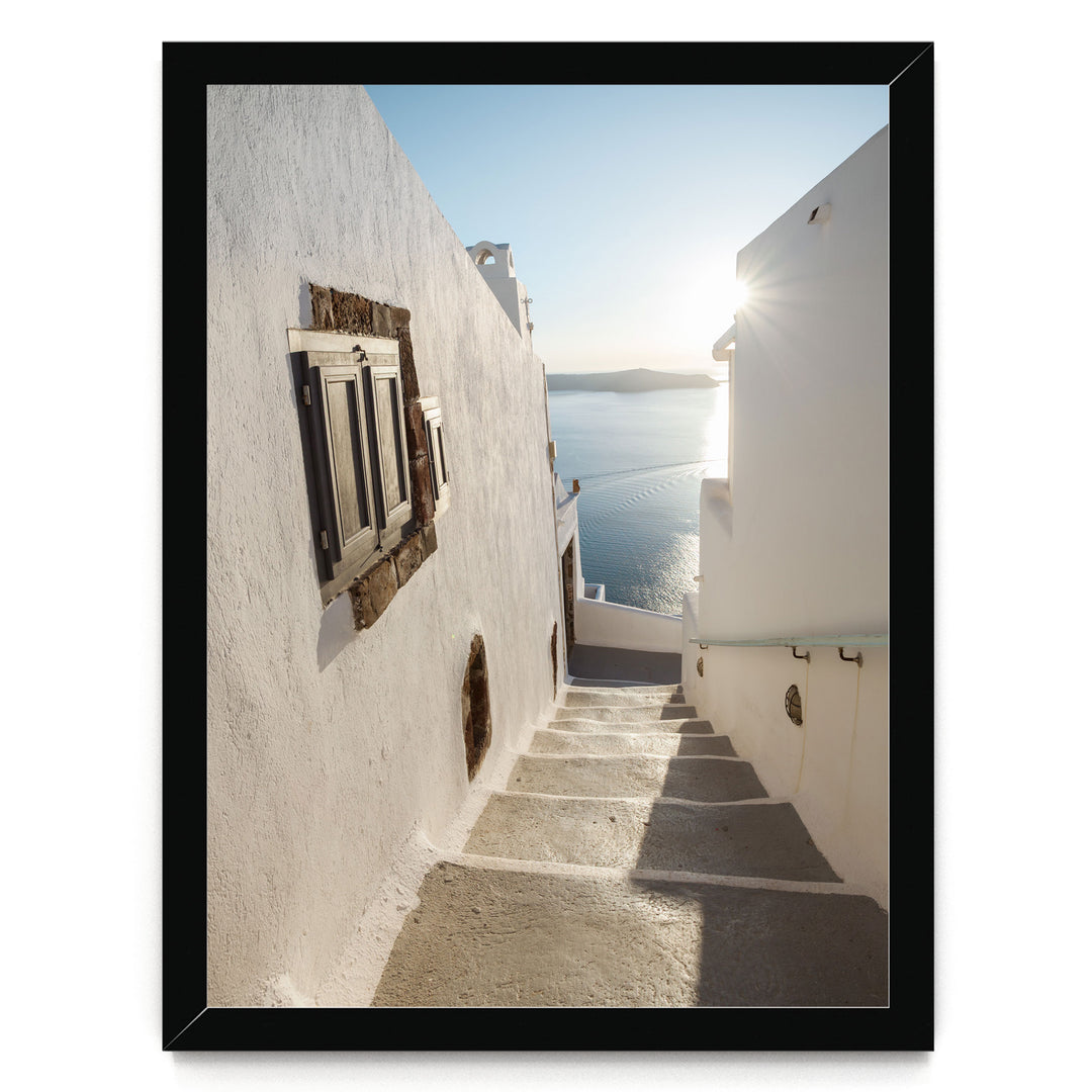Walking in Oia, Santorini, Greece – fine art print in a black frame, no mat