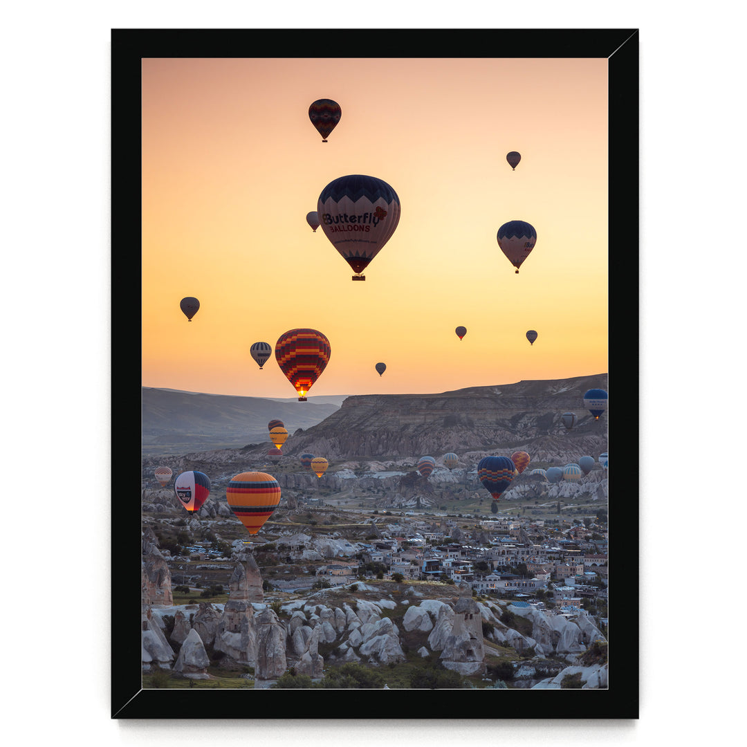 Hot Air Balloons over Cappadocia I, Turkey – fine art print in a black frame, no mat