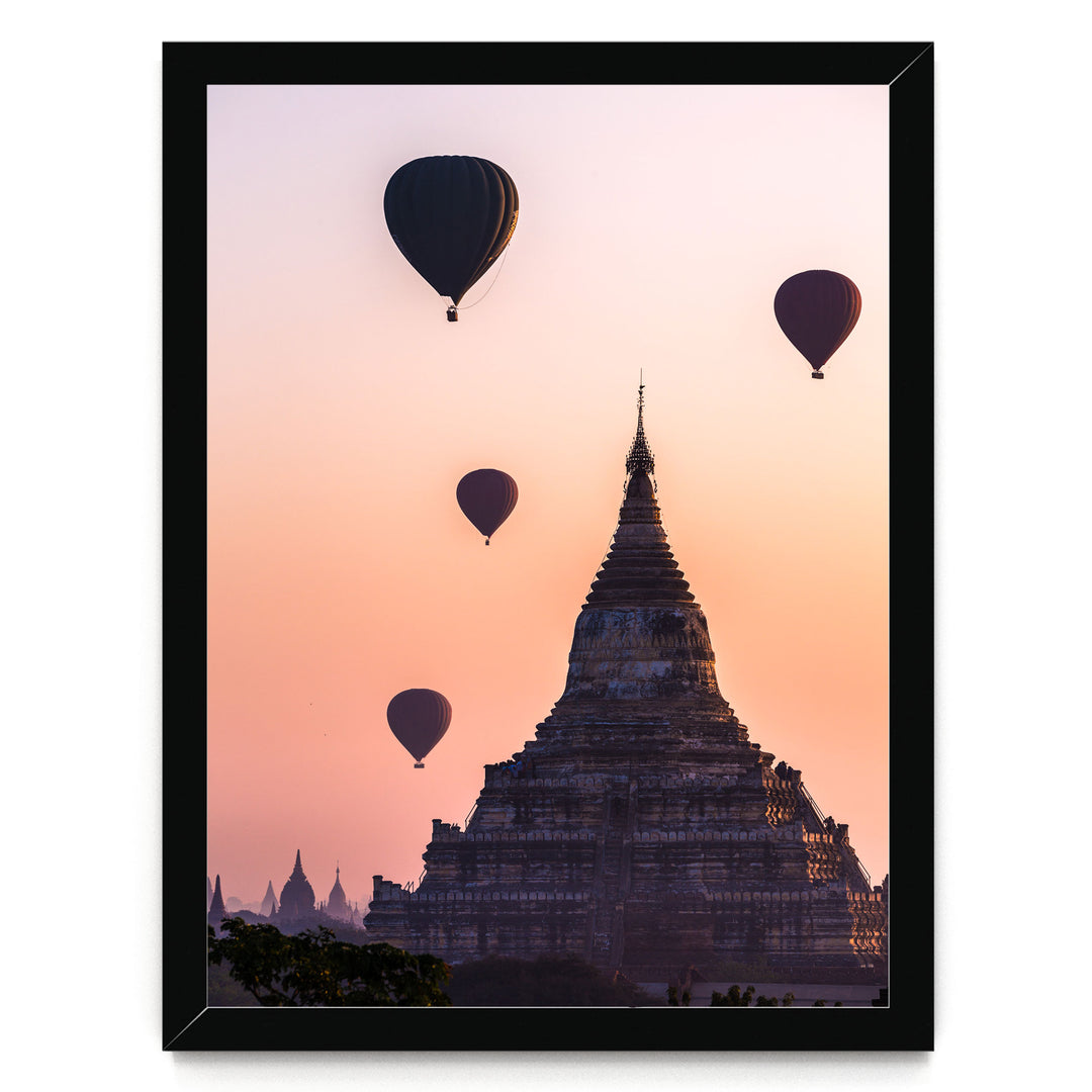 Balloons Flying over Bagan I, Myanmar – fine art print in a black frame, no mat