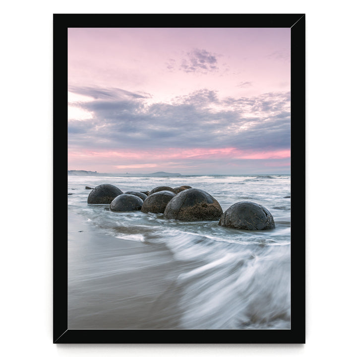 Moeraki Boulders II, New Zealand – fine art print in a black frame, no mat