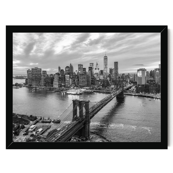 Manhattan and Brooklyn Bridge, New York City – B&amp;W – fine art print in a black frame, no mat