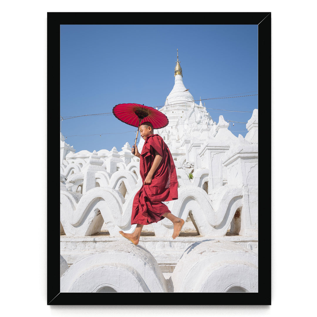 Novice Monk at the Temple, Myanmar – fine art print in a black frame, no mat