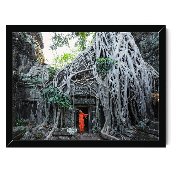 Monk at Ta Prohm, Angkor, Cambodia – fine art print in a black frame, no mat