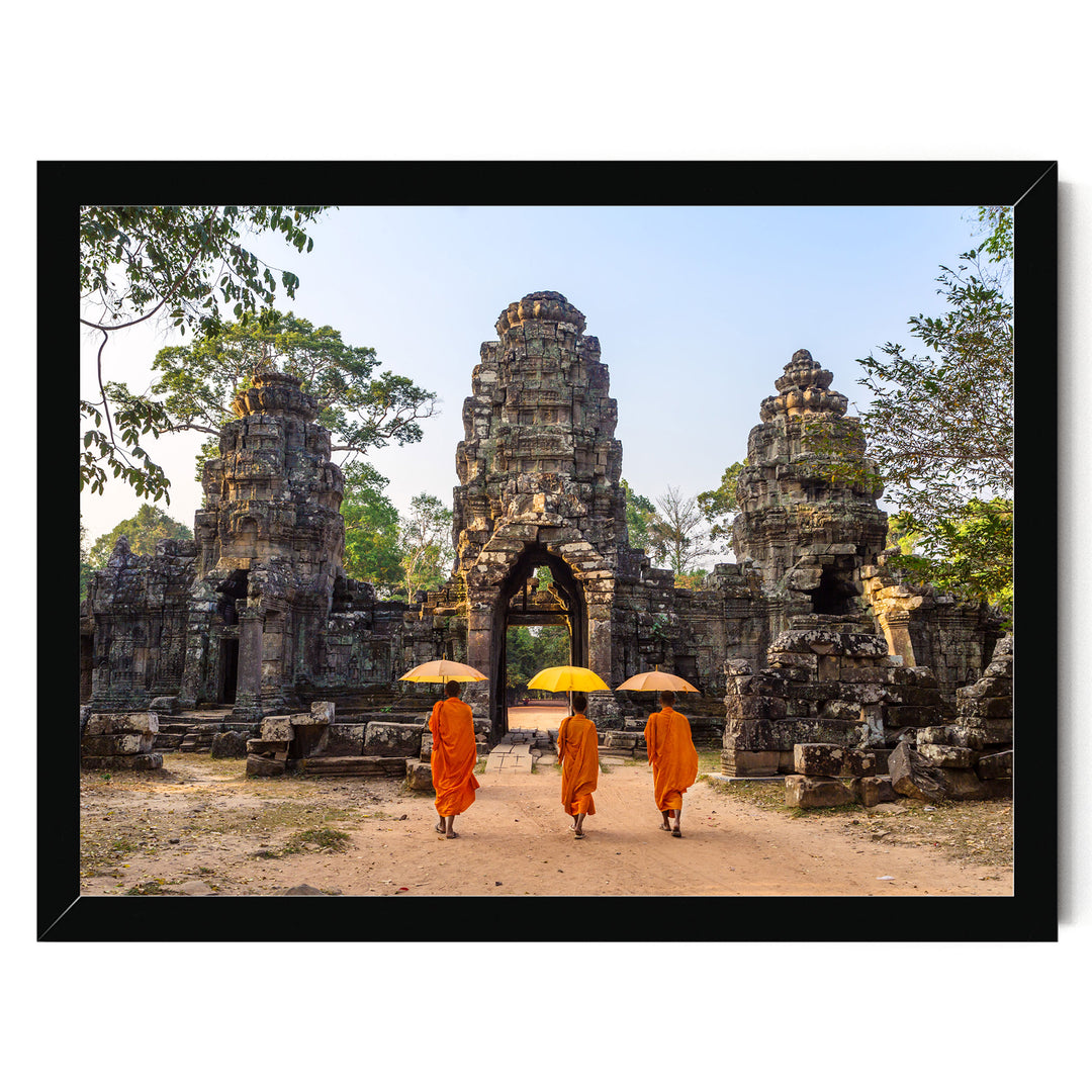 Monks at Angkor Wat, Cambodia – fine art print in a black frame, no mat