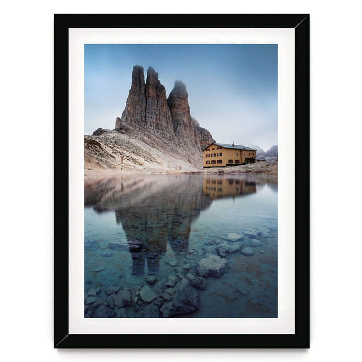Vajolet Towers, Dolomites, Italy – fine art print in a black frame with white mat