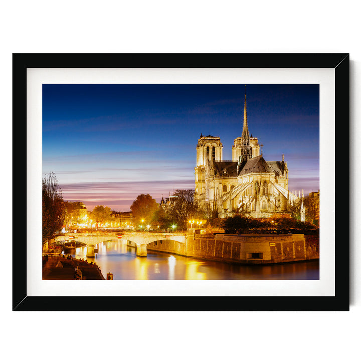 Notre-Dame at Night, Paris, France – fine art print in a black frame with white mat