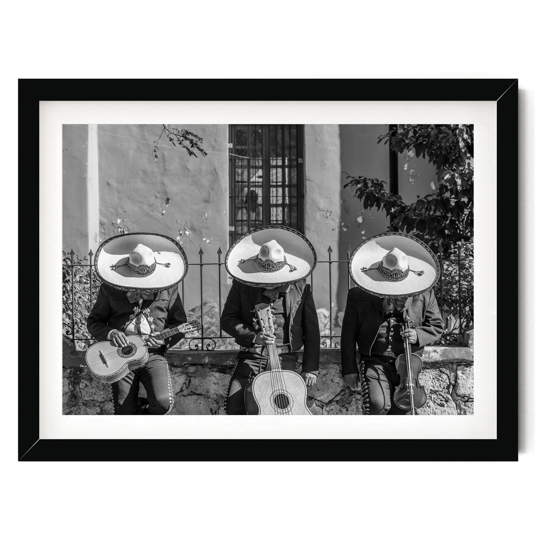 Mariachis Siesta, Yucatan, Mexico – B&amp;W – fine art print in a black frame with white mat
