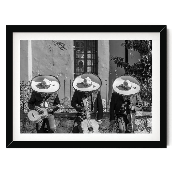 Mariachis Siesta, Yucatan, Mexico – B&amp;W – fine art print in a black frame with white mat