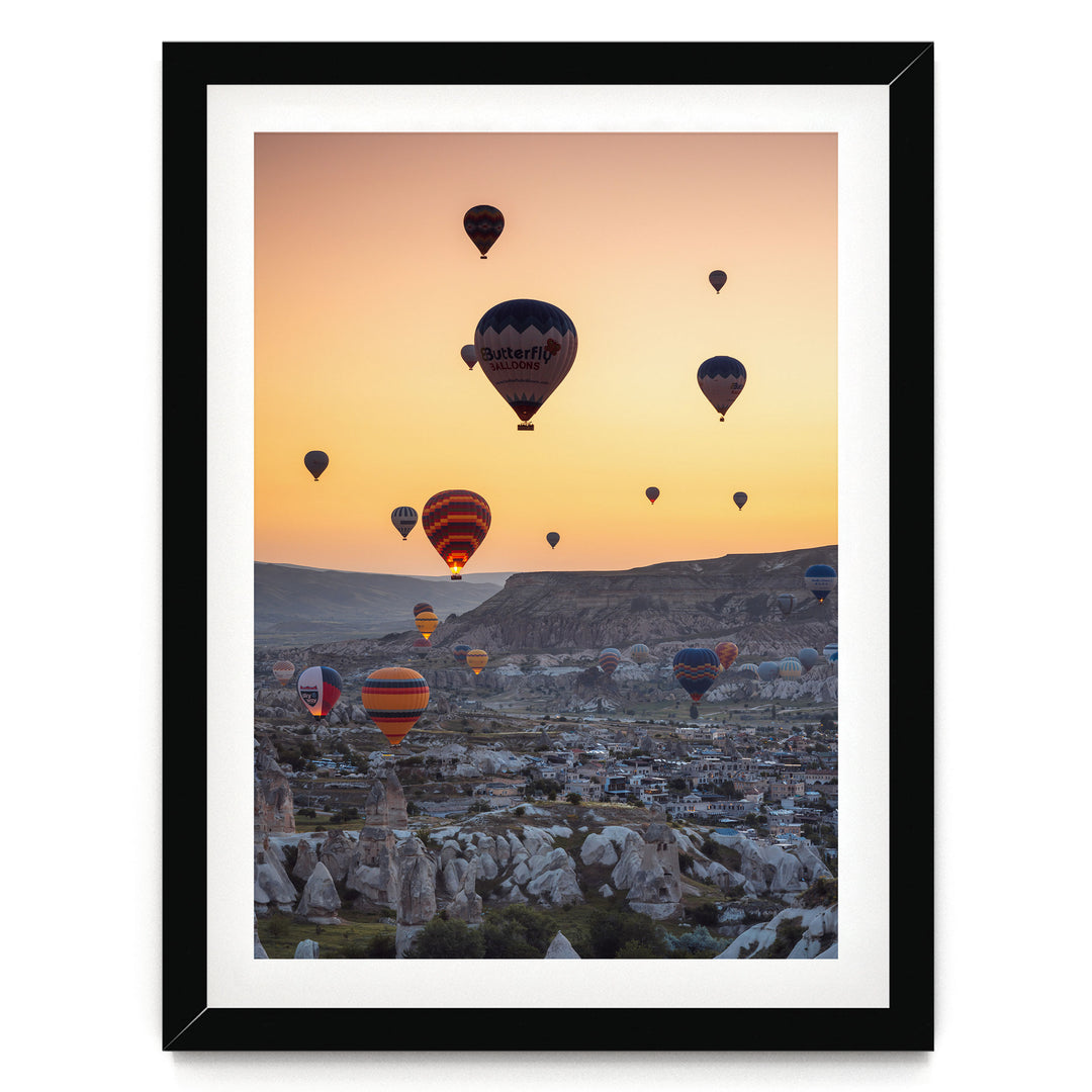 Hot Air Balloons over Cappadocia I, Turkey – fine art print in a black frame with white mat