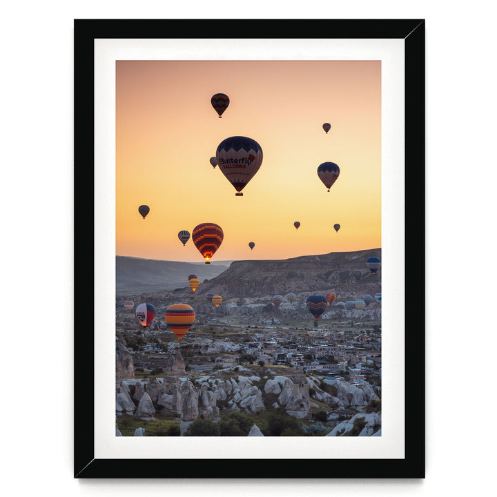 Hot Air Balloons over Cappadocia I, Turkey – fine art print in a black frame with white mat