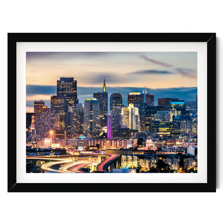 San Francisco Skyline at Night, California – fine art print in a black frame with white mat