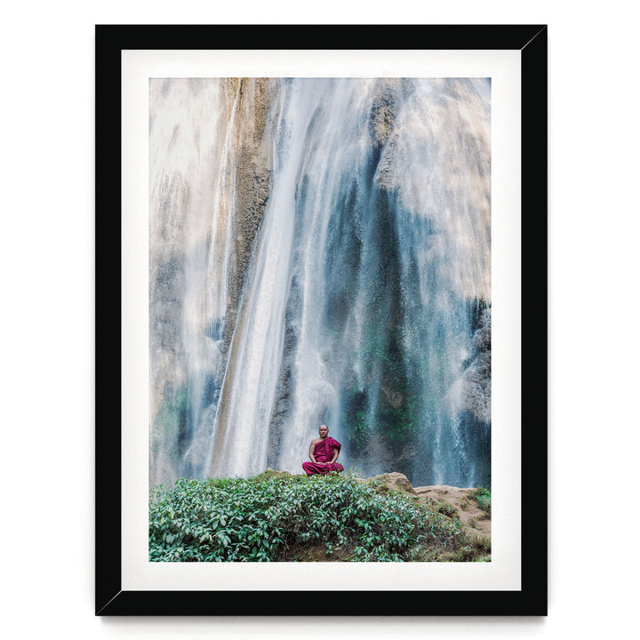 Meditation under the Waterfall, Myanmar – fine art print in a black frame with white mat