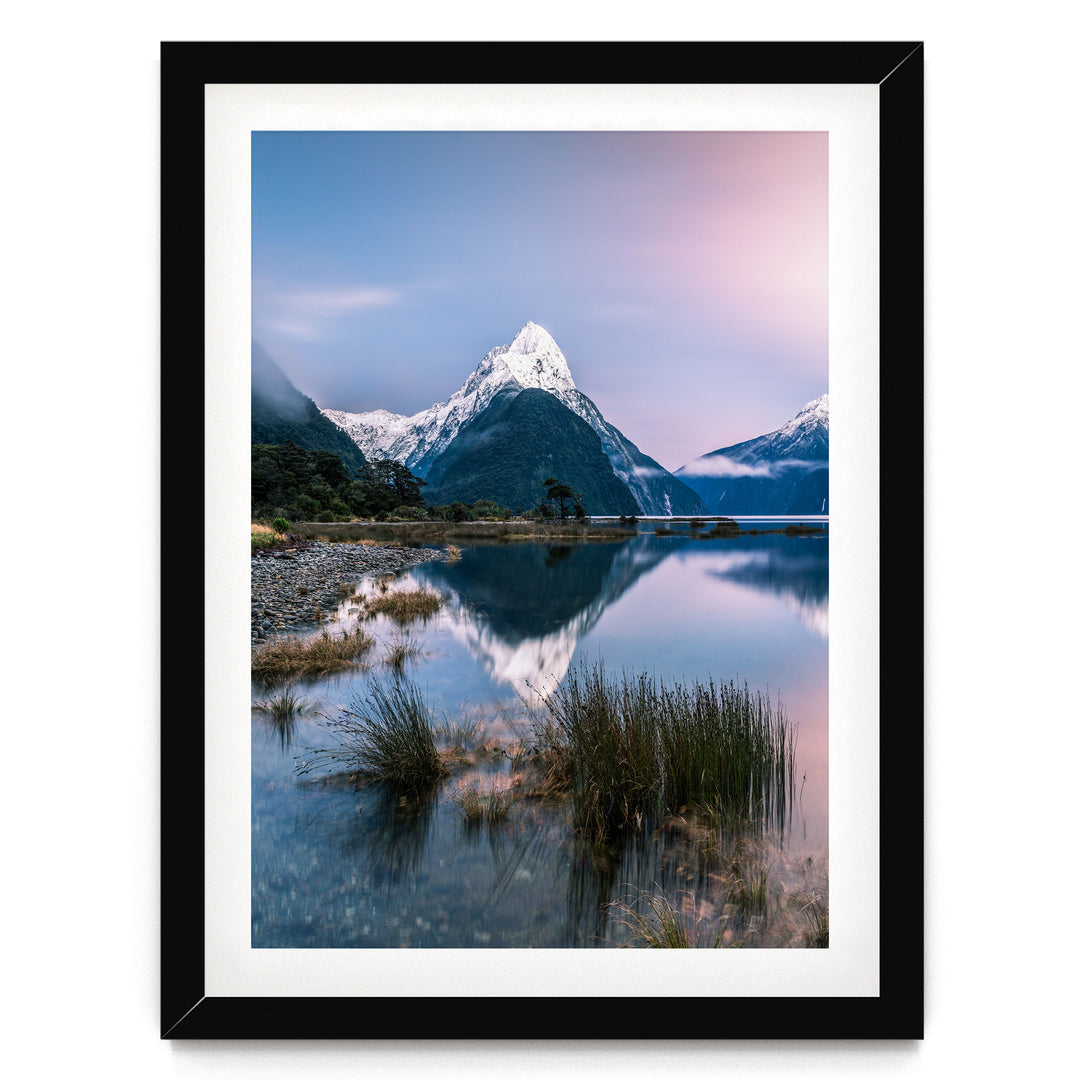 Milford Sound II, New Zealand – fine art print in a black frame with white mat