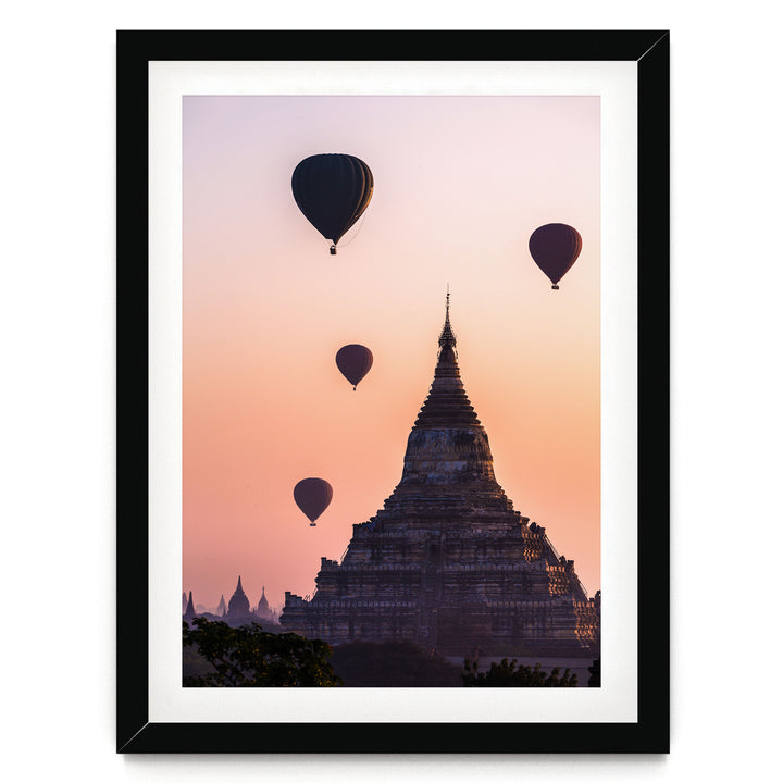 Balloons Flying over Bagan I, Myanmar – fine art print in a black frame with white mat