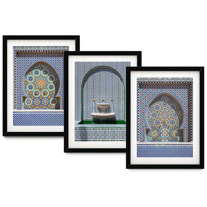 Arabic Fountains, Morocco – Print Set of 3 – fine art print set in black frames with white mats