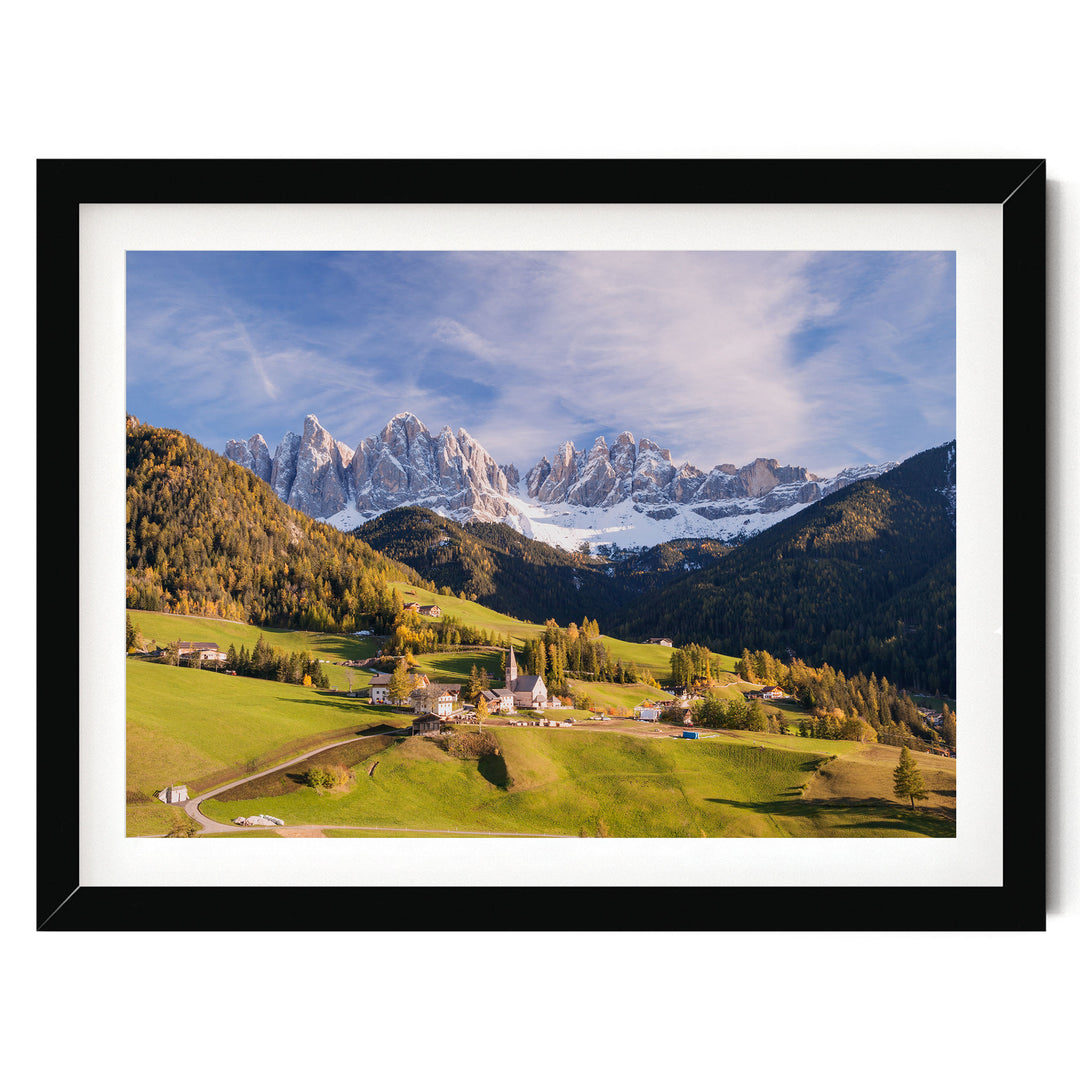 Funes Valley, Dolomites, Italy – fine art print in a black frame with white mat