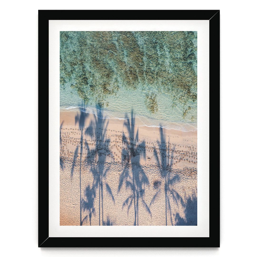 Palm Trees and Beach, Waikiki, Hawaii – fine art print in a black frame with white mat