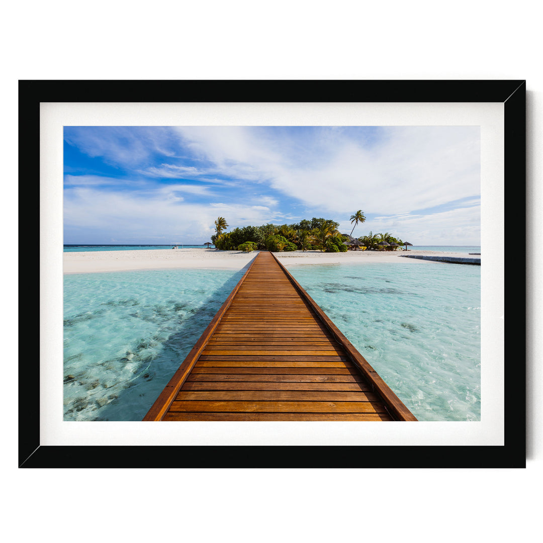 Jetty to the Island, Maldives – fine art print in a black frame with white mat