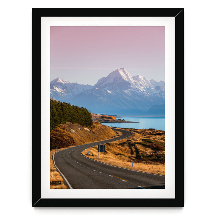 The Road to Mount Cook, New Zealand – fine art print in a black frame with white mat