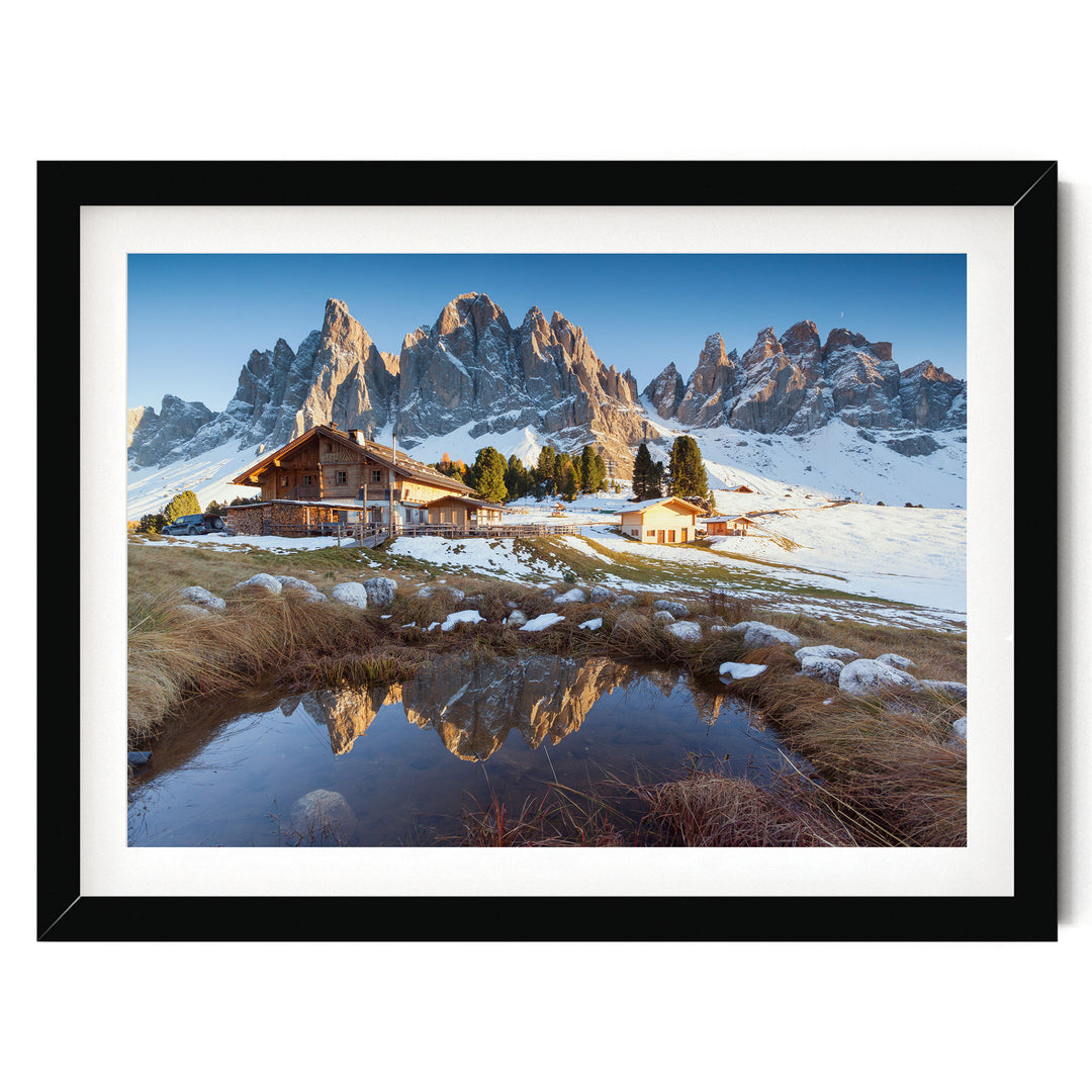 Mountain Hut, Dolomites, Italy – fine art print in a black frame with white mat