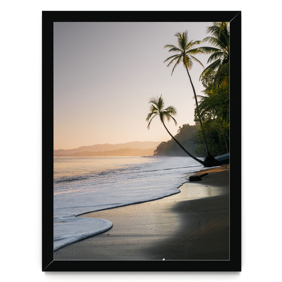 A serene tropical beach scene at sunset, with palm trees lining the shore and the calm ocean gently lapping against the sand.